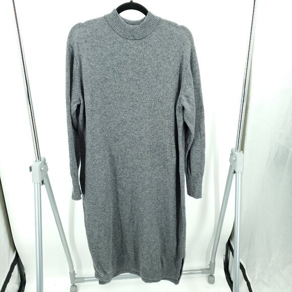 Muji 100% Wool Mock Neck Relaxed Fit Midi Sweater Dress L Gray - Picture 1 of 16